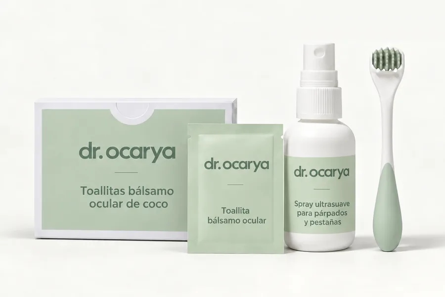 Kit de higiene ocular de Ocarya: caja de toallitas, sobre, spray de 50 ml y rodillo